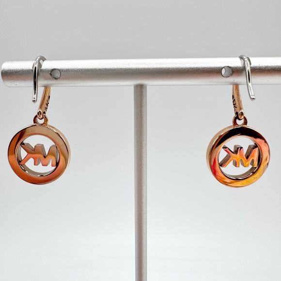 Michael Kors Rose Gold Tone Pavé Crystal MK Logo Dangle Earrings Designer Modern - Picture 6 of 14